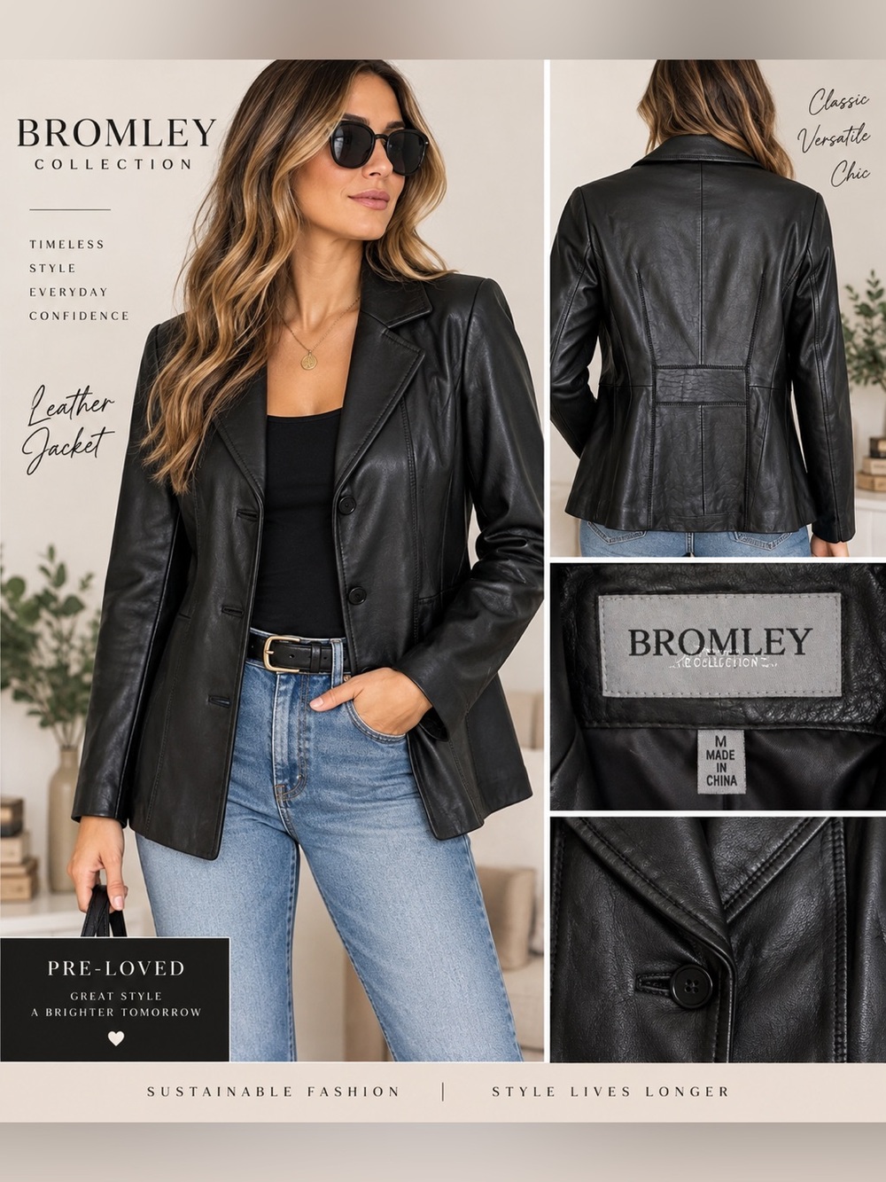 Bromley Collection Genuine Leather Jacket Womens Black 3 Button Blazer Sz M